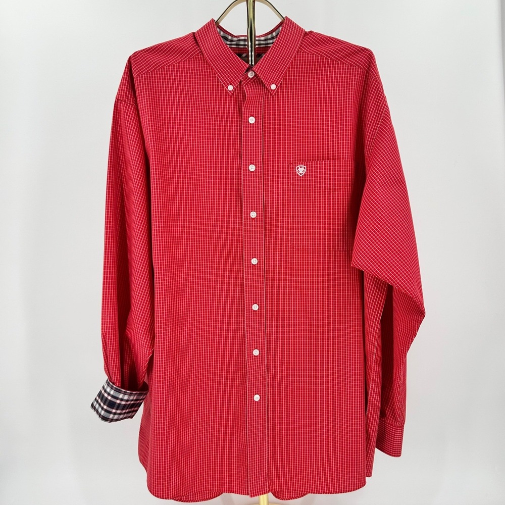 Ariat Mens XXL Red Micro Check Wrinkle Free Long Sleeve Button Down Shirt